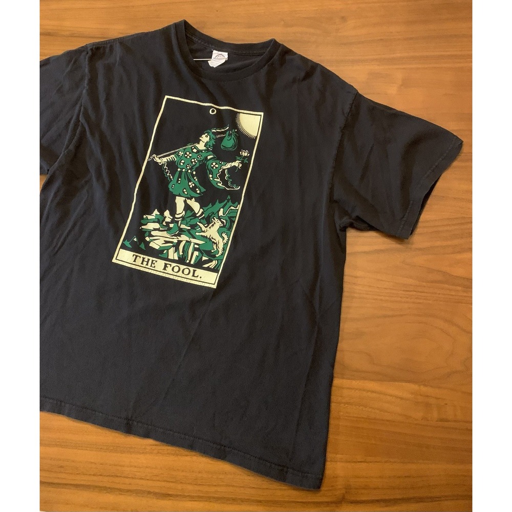 Vintage The Fool Tarot Card Astrology T-Shirt Sz L/XL Black Delta Cotton Y2K 90s